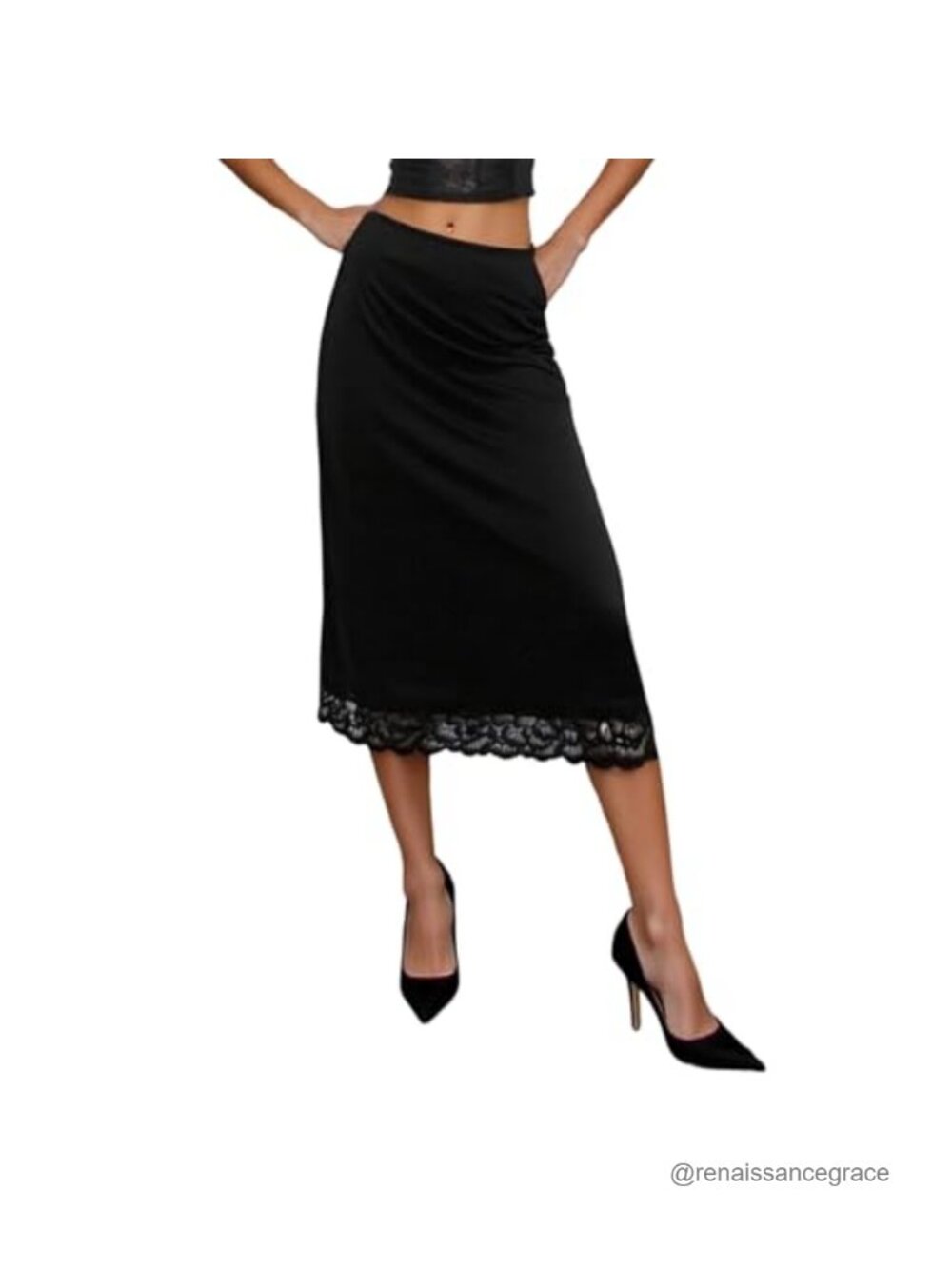 Silk Satin Half Slip Long Skirts Lace Patchwork Elastic Waist Midi Skirt